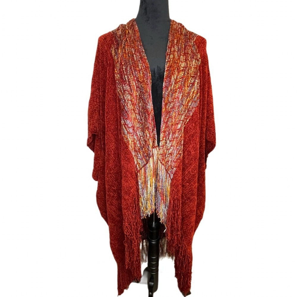 Graizda Knit Shawl Poncho Wrap Fringe Red Multi Color One Size Women